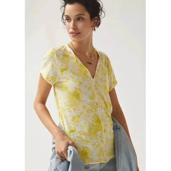 Anthropologie Pilcro Spliced-Neck Tee New Yellow White Floral Size XS ANTHRO NWT - Picture 1 of 10